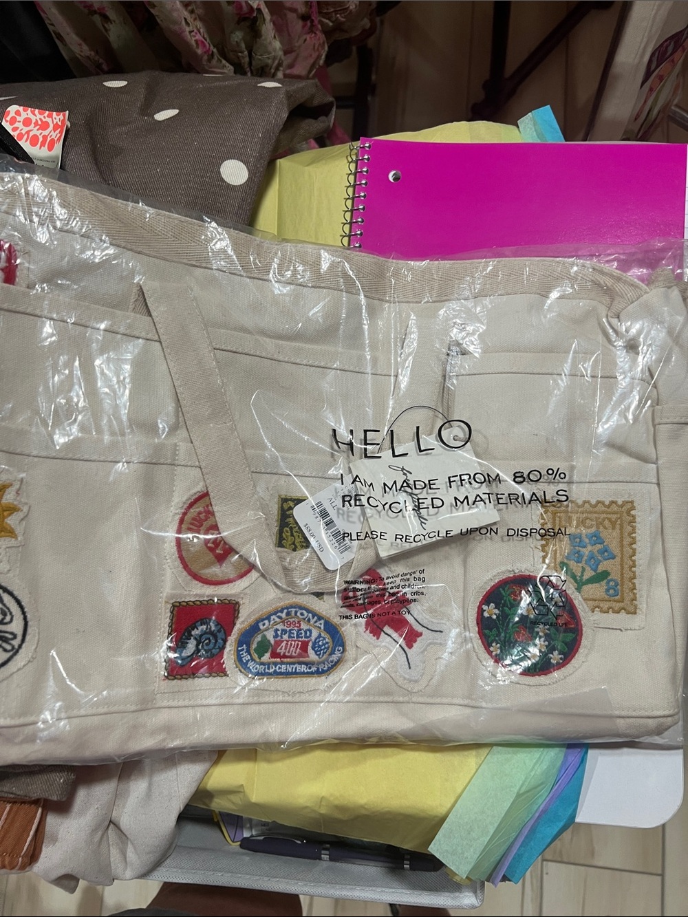 Free People Cream Canvas Patchwork Tote with Embroidered Patches